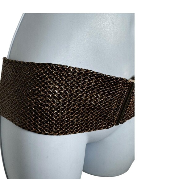 Vintage Very Wide Woven Leather statement Belt Women brown gold buckle main image 3